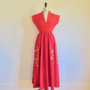 1940's 1950's Red Taffeta Long Maxi Party Dress Gold Stenciling Fit and Flare Style Collared Short Sleeve Holiday Dresses 30