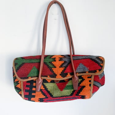 Vintage 1990s Kilim Wool & Leather Handbag 