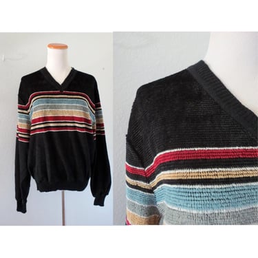 Vintage 70s Mens Pullover Sweater - V-neck Striped Soft Acrylic Long Sleeve Sweater - Size XL 