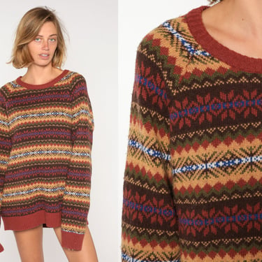 Fair Isle Sweater 90s Knit Snowflake Sweater Geometric Print Striped Pullover Jumper Brown Rust Vintage 1990s Acrylic Extra Large L XL 
