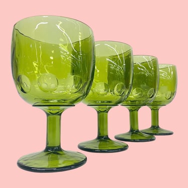 Vintage Water Goblets Retro 1970s Mid Century Modern + Bartlett Collins + Thumbprint + Avocado Green Glass + Set of 4 + MCM Bar or Kitchen 