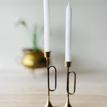 Vintage Brass Trumpet Candlestick Holders Set of 2 