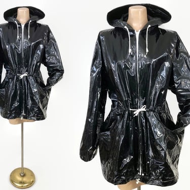 VINTAGE 1980s Shiny Black Vinyl Rain Jacket by Betmar Size Large | 80s Rain Slicker Hooded Spring Jacket | Trash Bag Jacket | VFG 