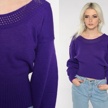 Purple Knit Sweater 80s Cutout Cropped Sweater Slouchy Knit Pullover Jumper 1980s Vintage Knitwear Basic Retro Normcore Medium Large M L 