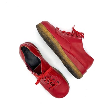 Vintage 1970s Red Leather Wedge Oxfords, Casual Round Toe Crepe Sole Lace-Up Shoes, Size 6B US 