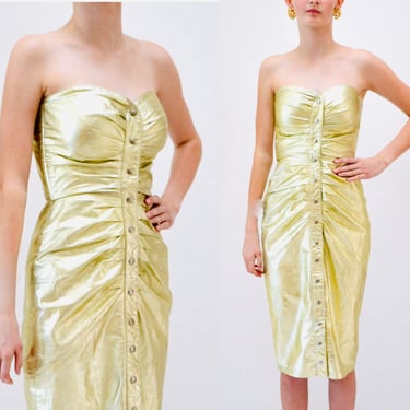 90s Metallic Gold Strapless Leather Dress by Michael Hoban North Beach Leather XXS // 90s strapless Leather Dress Gold Size XXS XS Small 