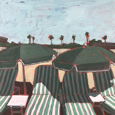 Beach Chairs - Original Acrylic Painting on Canvas 14 x 14, gallery wall, square, stripes, coastal, umbrella, michael van, fine art 