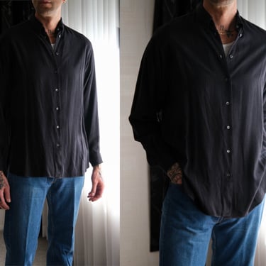 Vintage 90s Giorgio Armani Charcoal Gray Gabardine Button Up Shirt w/ Side Slit Hem | Made in Italy | 1990s Armani Milano Designer Shirt 
