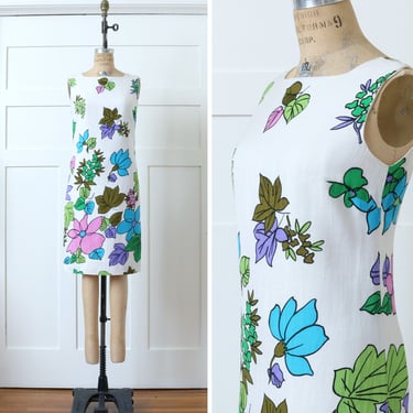 vintage 1960s shift dress • bright big floral print linen look summer dress 