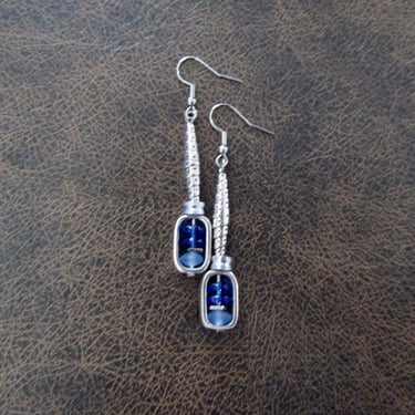 Silver and periwinkle glass dangle earrings, artisan ethnic earrings, simple chic 