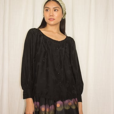 1980s Black Silk Jacquard Peasant Top 