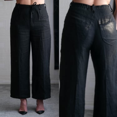 Vintage 90s SONIA RYKIEL Black Puckered Rayon Blend High Pleated Waist Cropped Wide Leg Pants | Made in France | 1990s French Designer Pants 