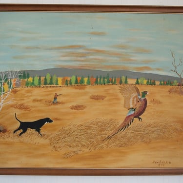 Original Vintage 1970 Edw BOHLIN FOLK Art PAINTING 23x29" Oil / Canvas Framed, Pheasant Hunting Dog Hunter, modern outsider brut naive lodge 