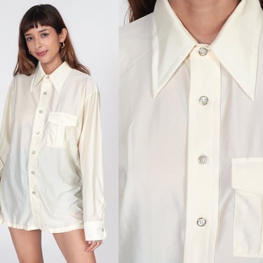 70s Shirt Cream Dagger Collar Shirt Button Up Shirt Long Sleeve Top Disco Shirt 1970s Collared Plain Pocket Seventies Men's 16 16 1/2 Large 