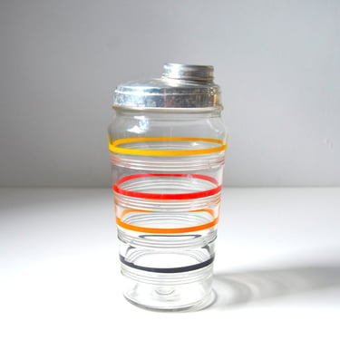 Vintage 8" Glass Cocktail Shaker with Multicolor Banded Stripes by Hocking Glass, 1930s 