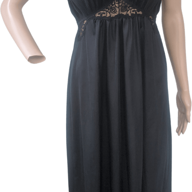 70s/80s Black Pleated Long Nightgown Gown By Miss Elaine