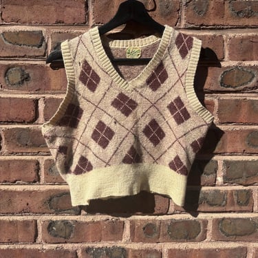 Vintage 1940s Wool Plaid Sweater Vest Adult Small Pullover V Neck Beige by TimeBa