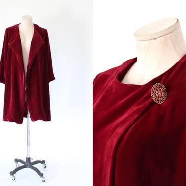 1930s Silk Velvet Draped Coat with Rhinestone Brooch - Raspberry Red Open Front Evening Jacket- Vintage Scheibler West Germany - Small 