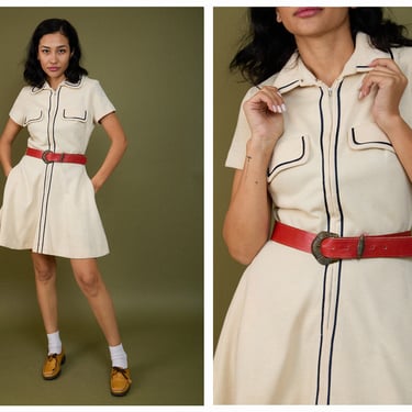 Vintage 1960s 60s Nautical Sailor Wool Circle Skirt Mini Dress 