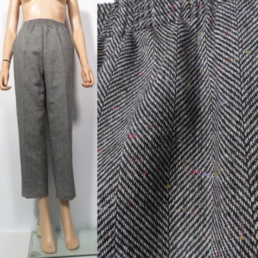 Vintage 80s Flecked Herringbone Wool Blend Elastic Waist Trousers Made In USA Size L 32 Waist 