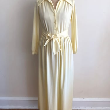 Light Yellow Maxi Dress with Waist Tie - 1970s 