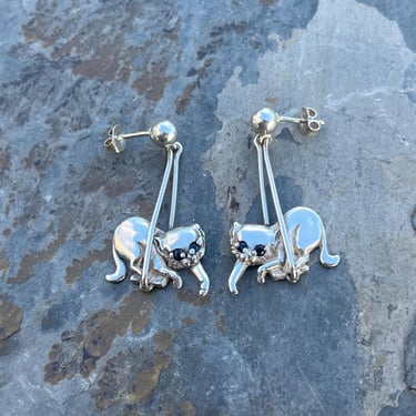 Kabana ~ Vintage Sterling Silver Kitty Cat Kitten Dangle Swinging Post Earrings with Blue Eyes 