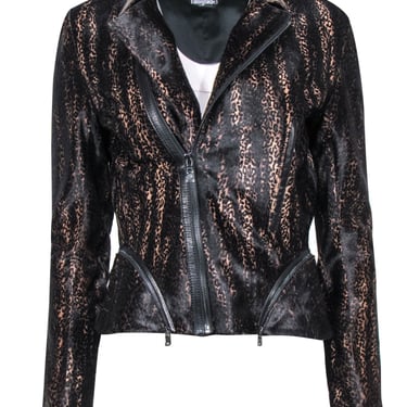 Elie Tahari - Brown Leopard Print Calf Hair Moto Jacket w/ Leather Trim Sz XS