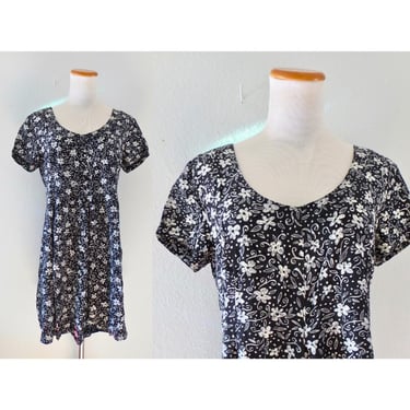 Vintage 90s Floral Romper - Black & White Flower Print Skort Shorts Playsuit by Express - Rayon Fabric - Size Medium 