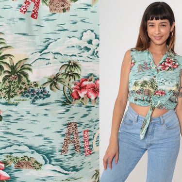 90s Hilo Hattie Crop Top Hawaiian Original Tropical Floral Blouse Button Up Shirt Sleeveless Cropped Tie Front Top Vintage 1990s Small S 