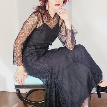 Vintage 30s Evening Dress Black Lace Long Sleeves / S 