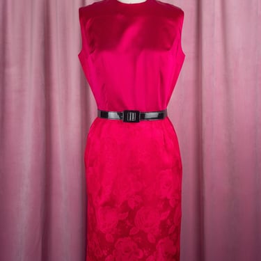 Vintage 1950s Minx Modes True Red Sleeveless Rose Pattern Jacquard Cocktail Dress 