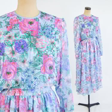 Diane Freis | 1980s Blue Floral Print Dress | 80s Blue & Pink Party Dress | Diane Freis | Large 