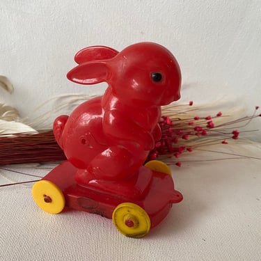 Vintage Plastic Bunny Pull Toy, Red Rabbit With Yellow Wheels, Easter Decor, Novelty Toy, Nursery Decor, Rabbit Lovers 