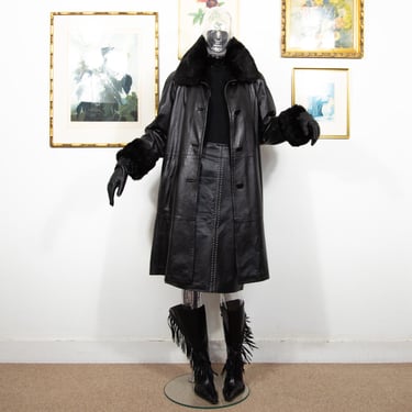 Vintage 1980s Black Real Leather Coat With Removable Fur Lining Size M 