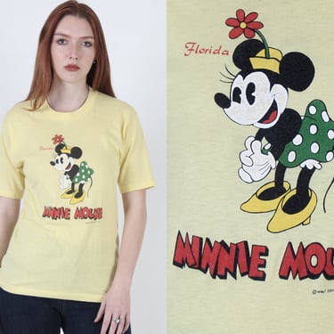 80s Minnie Mouse Florida Single Stitch T Shirt, Vintage Yellow Disneyland Cartoon Print Tee Medium M 