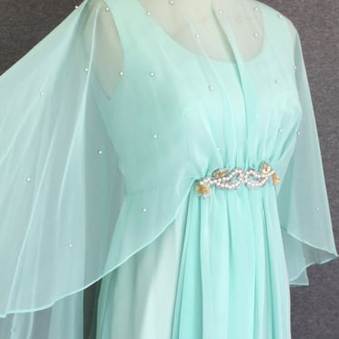 1970s - Chiffon - Mint/Aqua - Pearl Beaded - Special Event - Estimated size S 4/6 