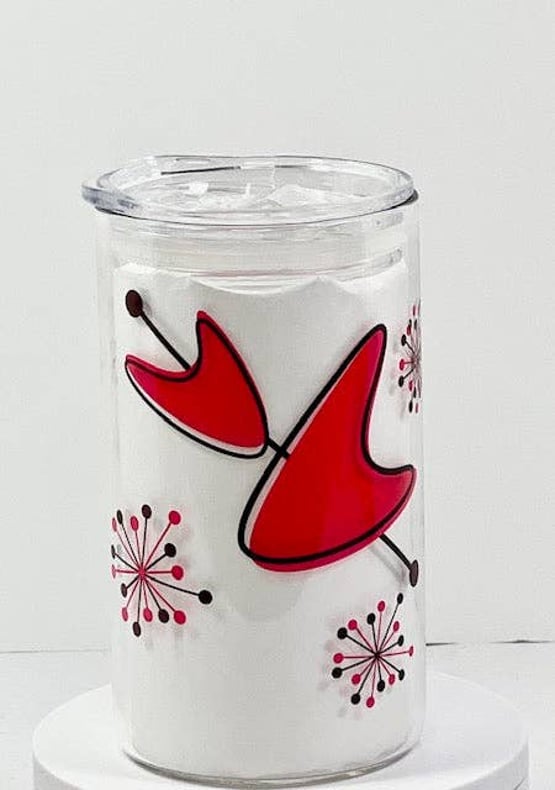 Retro Red Sputnik Boomerang Glass with Drinking Lid and Straw