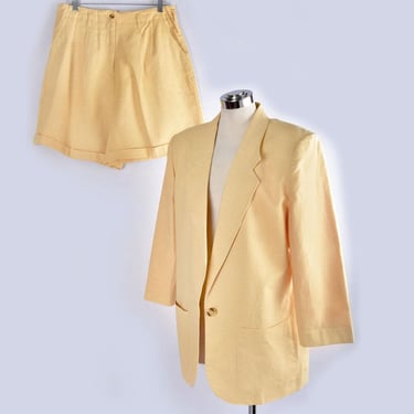 80's Yellow Linen Suit Shorts & Matching Blazer Jacket 1980's Vintage Trouser Short Pants by Milano, NEAR MINT, Miami Vice era Pastel Yellow 