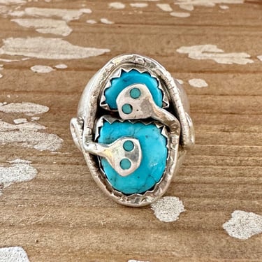 EFFIE CALAVASA 60s/70s Vintage Signature Turquoise Ring | Large Ring w/ Sterling Silver Snake Inlay | Zuni Native American Jewelry | Size 11 