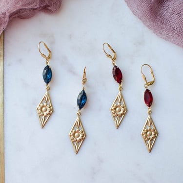 gold daisy flower earrings, Art Deco sapphire ruby earrings, vintage brass earrings, bohemian nature woodland gift for her, dangle earrings 