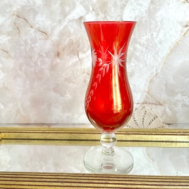 Clear Red Vase, Etched, Engraved, Art Glass, Mid Century, Vintage 