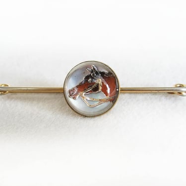 Antique Victorian Edwardian Reverse Painted Essex Crystal Bar Brooch Collar Pin Equestrian Horse Head Rolled Gold Metal 