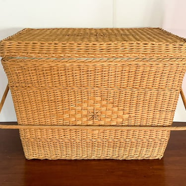 Vintage Wicker Styrofoam Cooler. Rattan Ice Chest with Handle. 