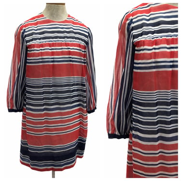 Vintage VTG 1960s 60s Red White Blue Stripe Mod Shift Mini Dress 