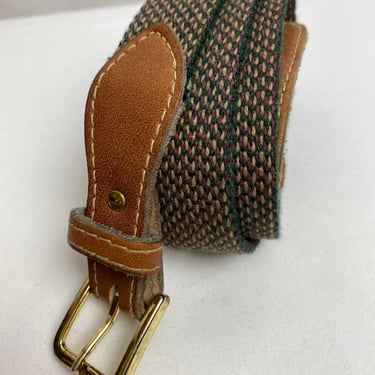 80’s textile woven belt with leather ~ micro tweedy dark green & mauve hues skinny trouser belt/ unisex androgynous preppy / size 32”-34” 
