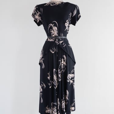 Wonderful 1940's Rayon Dress With Ballerina Novelty Print / Medium