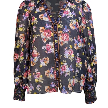 Alice & Olivia - Black & Multicolor Floral Print Cotton & Silk Blend Blouse Sz M