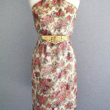 1950-60's - Gold Lame - Rose - Wiggle Dress - Cocktail Dress - Halter - Metal Zipper - Lined 