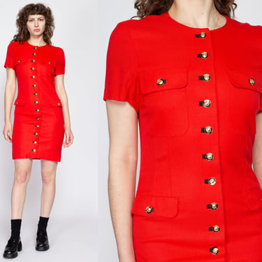 Small 90s Louis Feraud Red Mini Dress | Vintage Button Up Short Sleeve Secretary Dress 