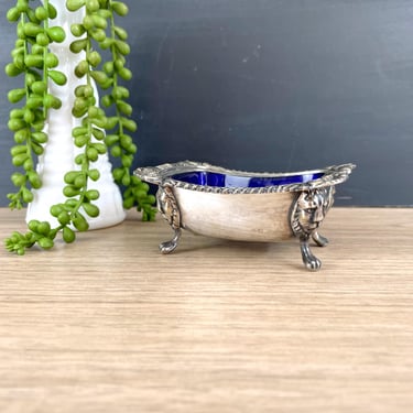 Silverplate open footed salt cellar with cobalt blue glass liner 